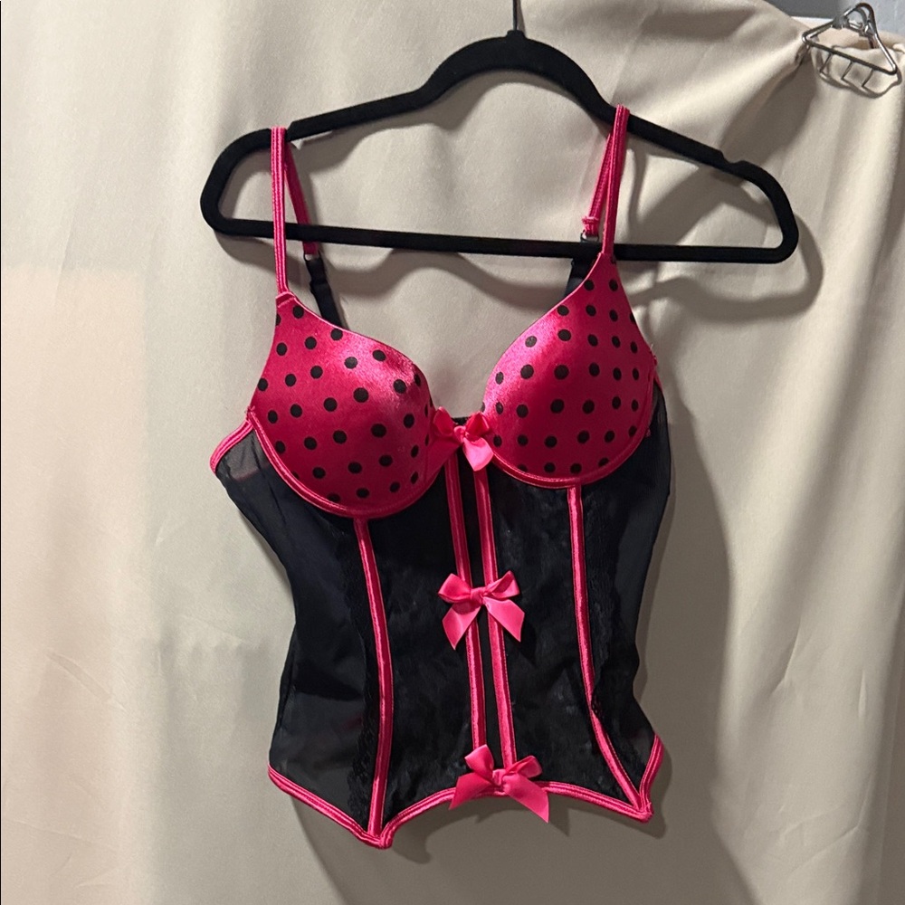Pink and Black Polka Dot Bustier Corset Top